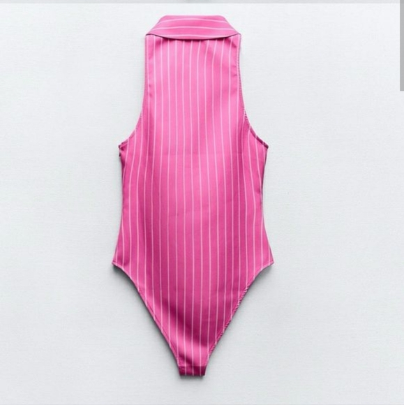 Zara Womens Size Large Stretch Striped Bodysuit Pink Tennis Prep Spring - Picture 3 of 14